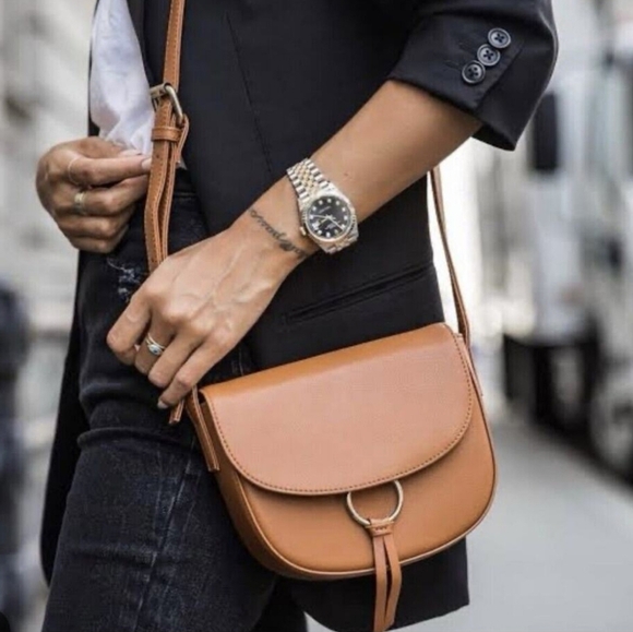 JJ WINTERS Ivy Crossbody Mini Saddle Bag Cognac Genuine Leather Gold Ring Women - Picture 3 of 15